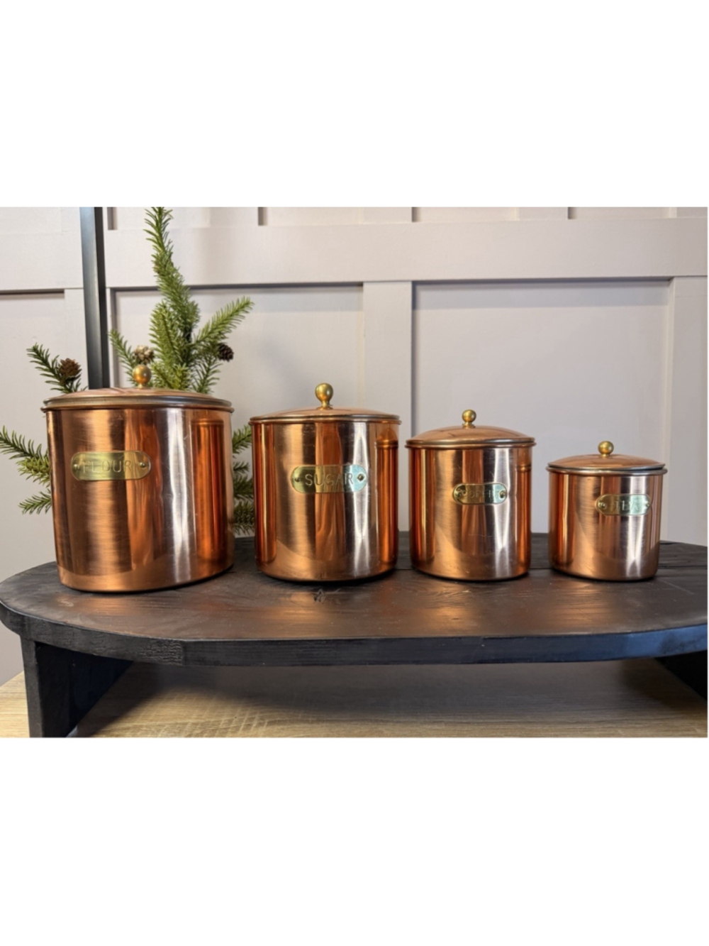 Vintage Rare Revere Ware Copper & Brass Canister Set 4pc Flour Sugar Tea Coffee